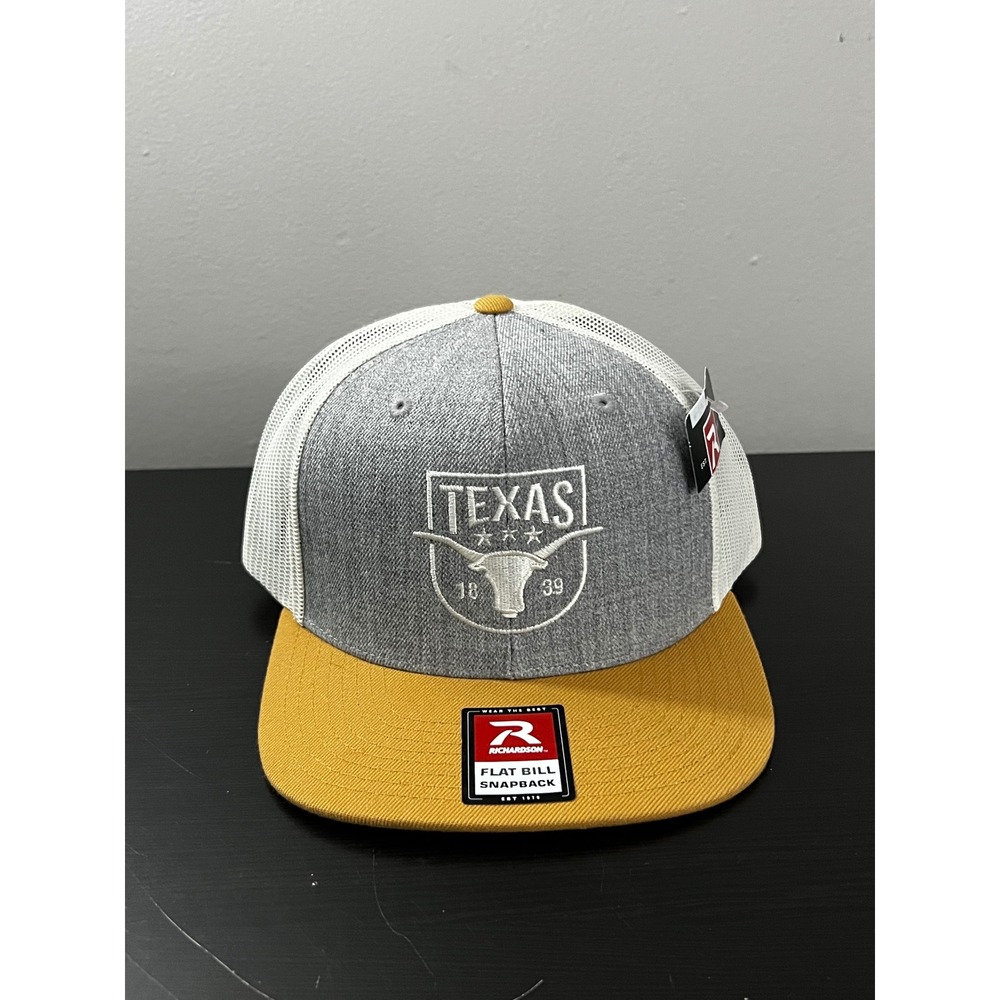 Richardson Texas Longhorn Flat Bill Snapback‎ Trucker Hat Grey Gold White NEW